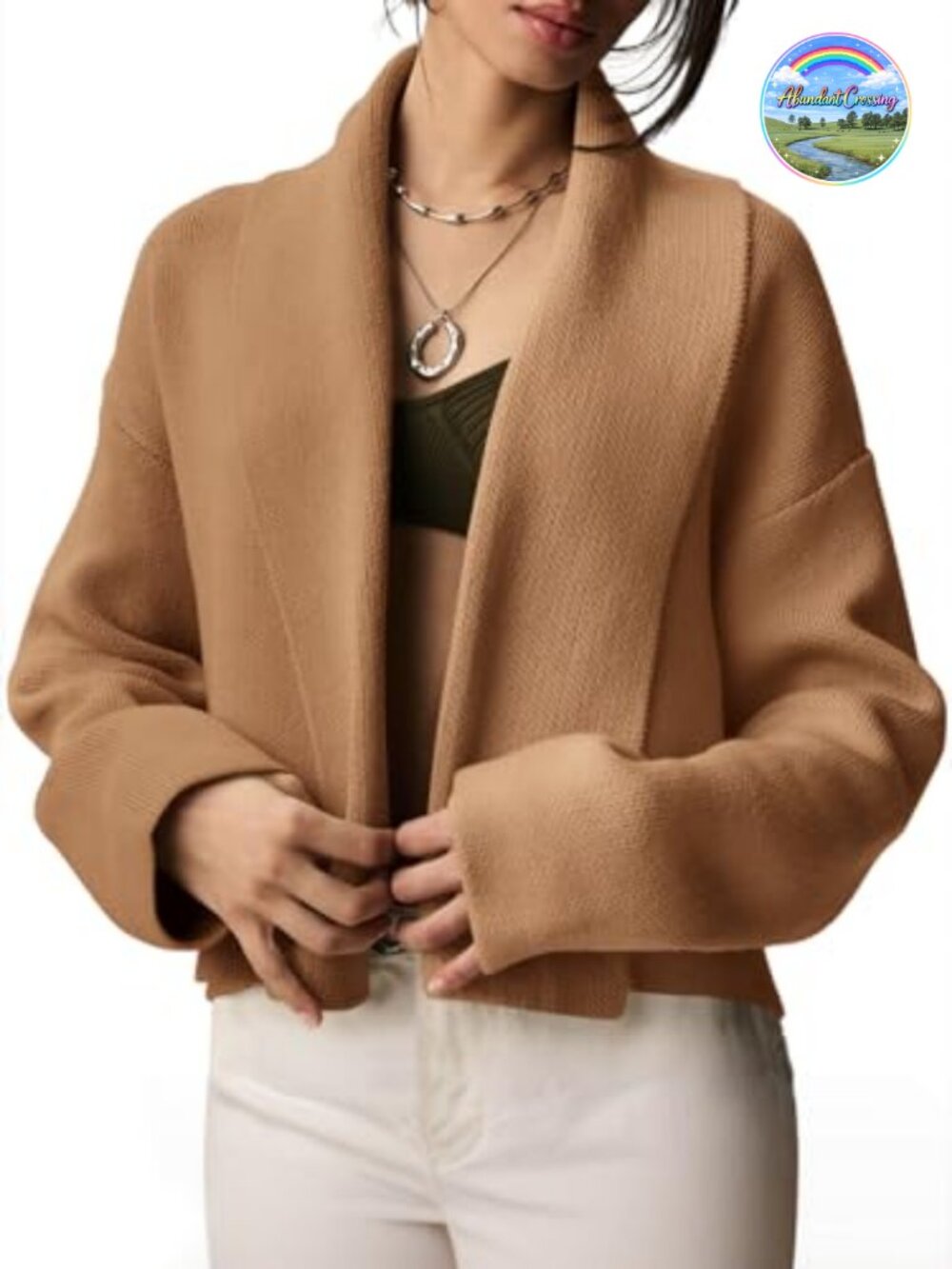 Cropped Cardigan Women Open Front Shawl Collar Knit Long Sleeve Lightweight